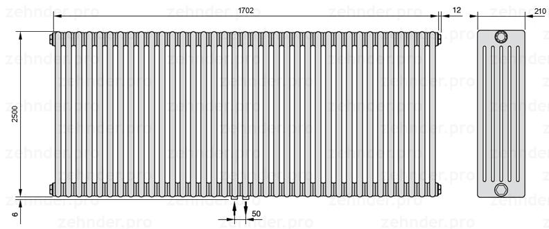 Схема (чертеж) Радиатор Zehnder Charleston 6250/37 №3470 Белый глянцевый RAL 9016